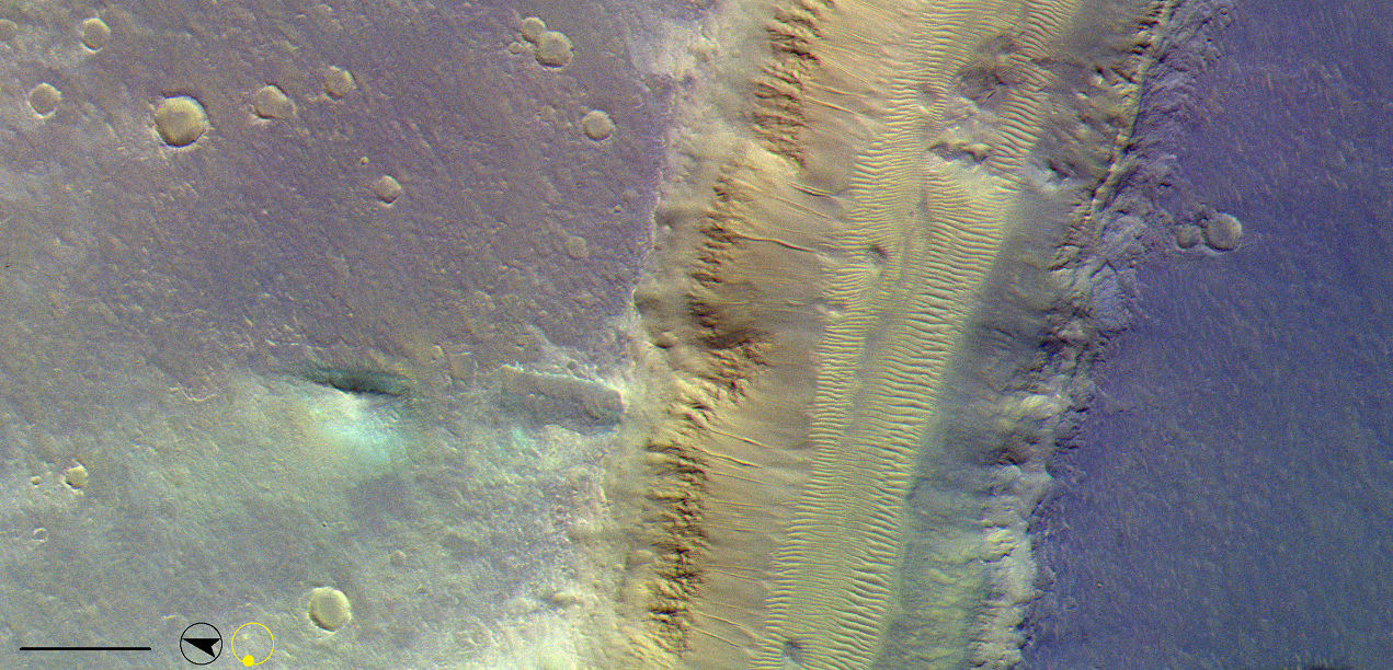 This is an image of Nirgal Vallis in Noachis Terra. This image shows gullies on the north side of the valley and also shows compositional diversity on the plain to the north.