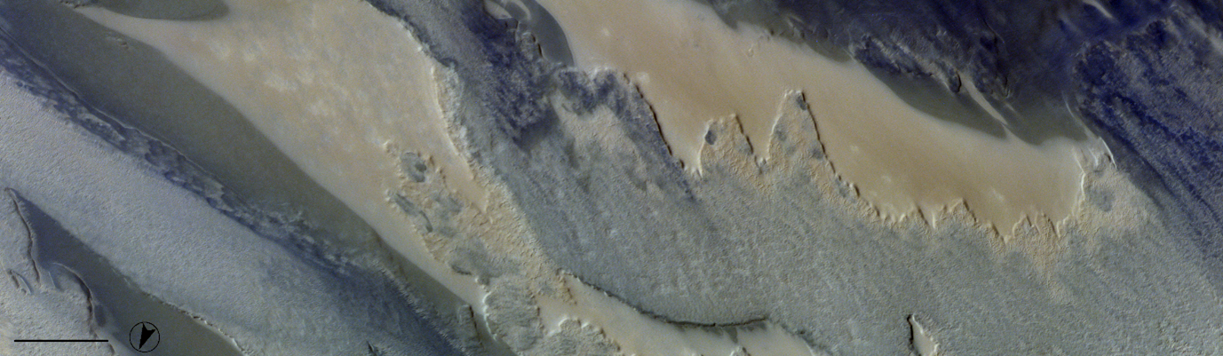 This image is from a sequence of images obtained from Reynolds Crater in Parva Planum. This particular image was obtained in mid-autumn in the southern hemisphere of Mars. Here we see eroding terrains and sharp boundaries in surface brightness and colour.